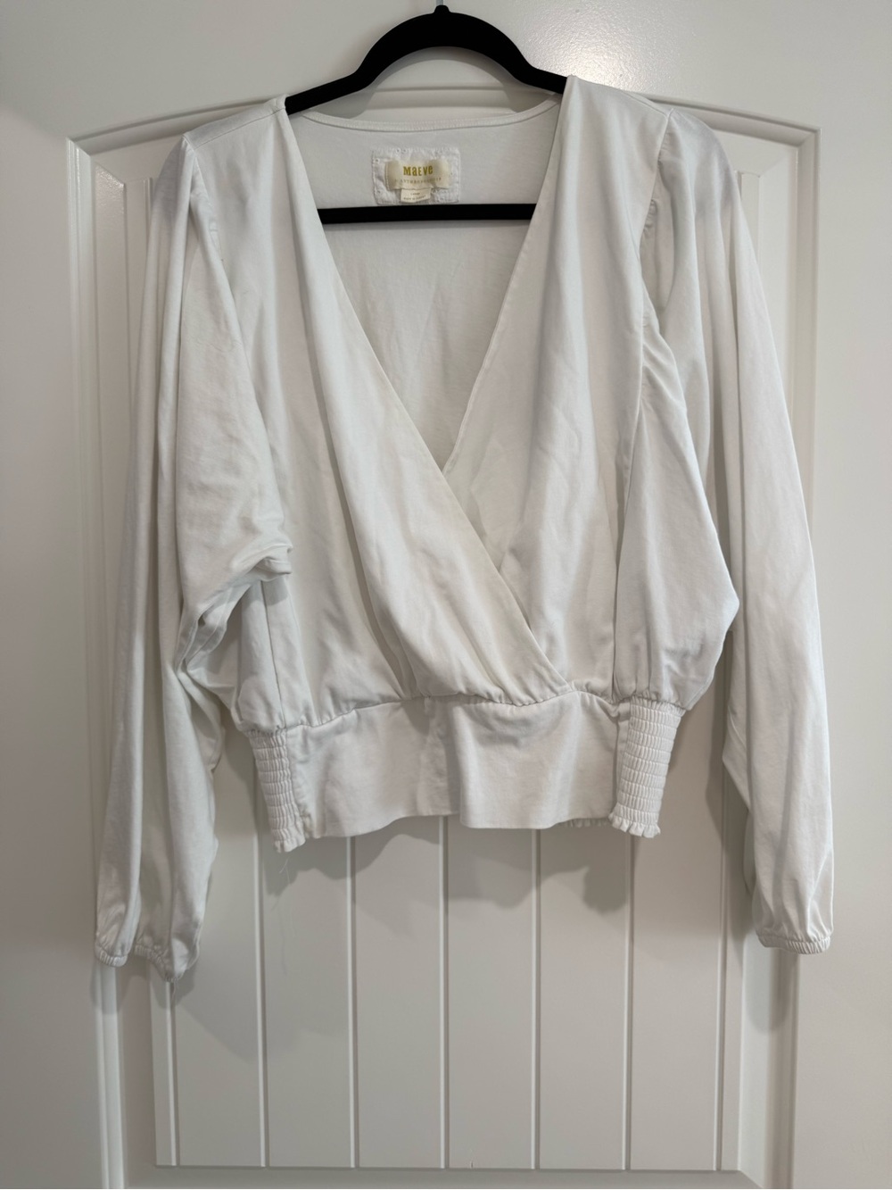 Maeve White Surplice Long-Sleeve Wrap Blouse